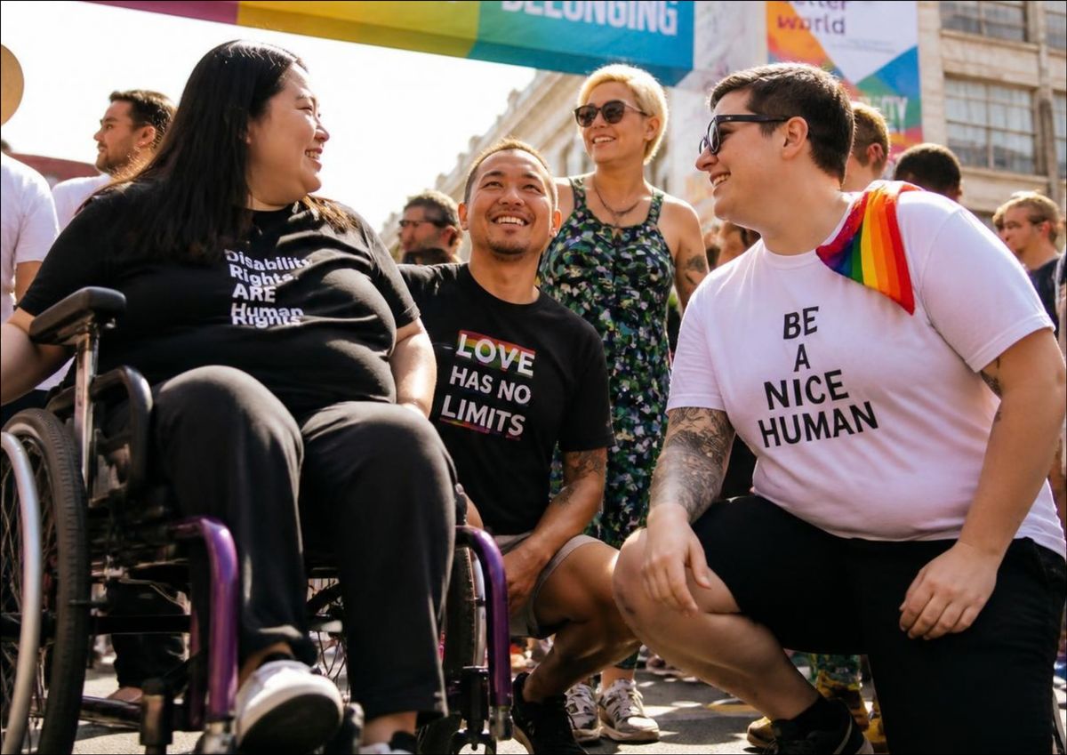 Smiling people together at a community celebration. A woman in a wheelchair wears a Disability Rights Are Human Rights shirt, beside friends in Love Has No Limits and Be A Nice Human shirts.